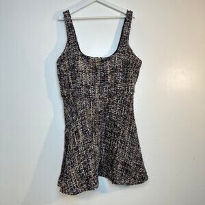 Flare Tweed Mini Jumper Dress Size 16 Sleeveless Brown Black Yellow Textured
